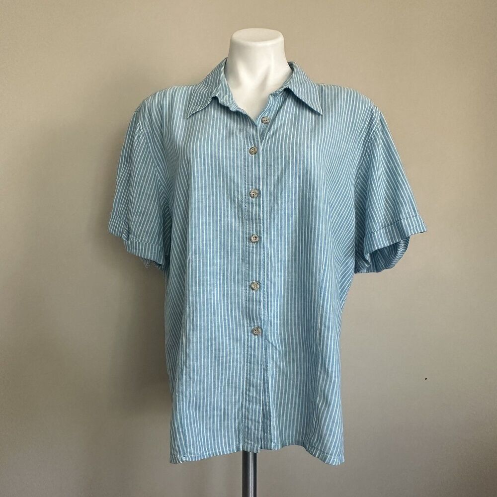 Vintage Linen Short Sleeve Shirt Womens XL Blue White Stripe Button Up Coastal